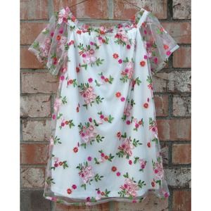 Floral Embroidered Mesh Mini Dress Juniors M White Pink Green Flowers Tent Shift